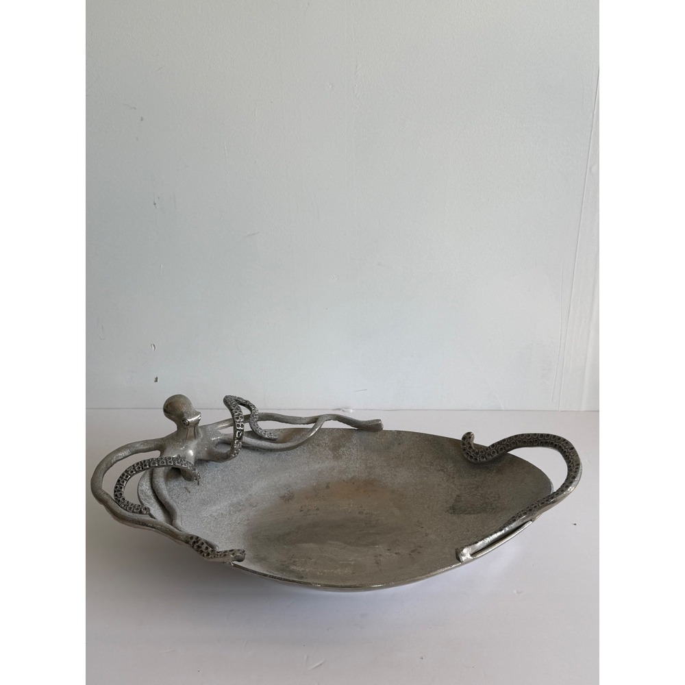 Large Silver Octopus Serving Bowl Nautical Coastal Cast Metal Centerpiece 19.5"